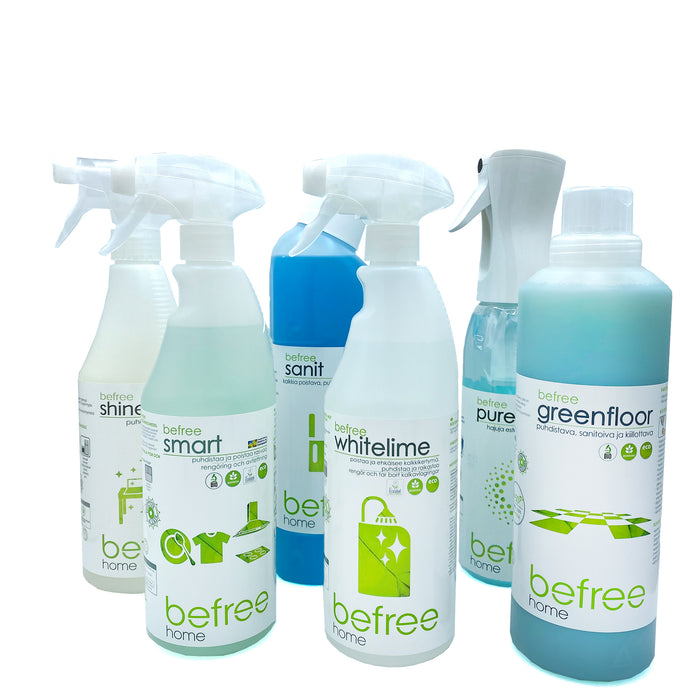 Befree Home -siivoustuotepaketti. Sisältää tuotteet koko kodin ekologiseen siivoukseen.