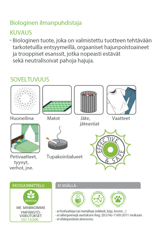 Soveltuu pahanhajuisten kohteiden, tupakansavun, jäteastioiden , vaatteiden ja ilman hajujen poistoon.